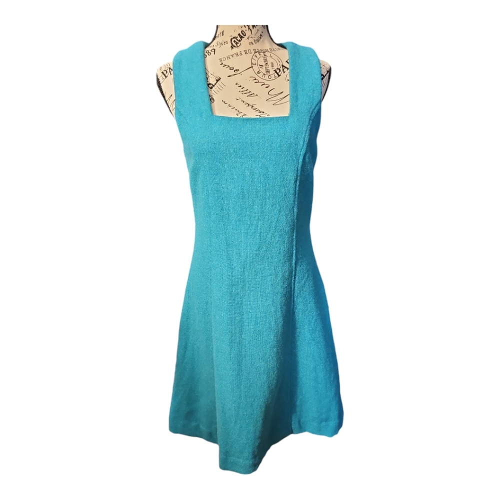 Vintage Vibrant turquoise blue sleeveless square neck wool midi sundress Organic